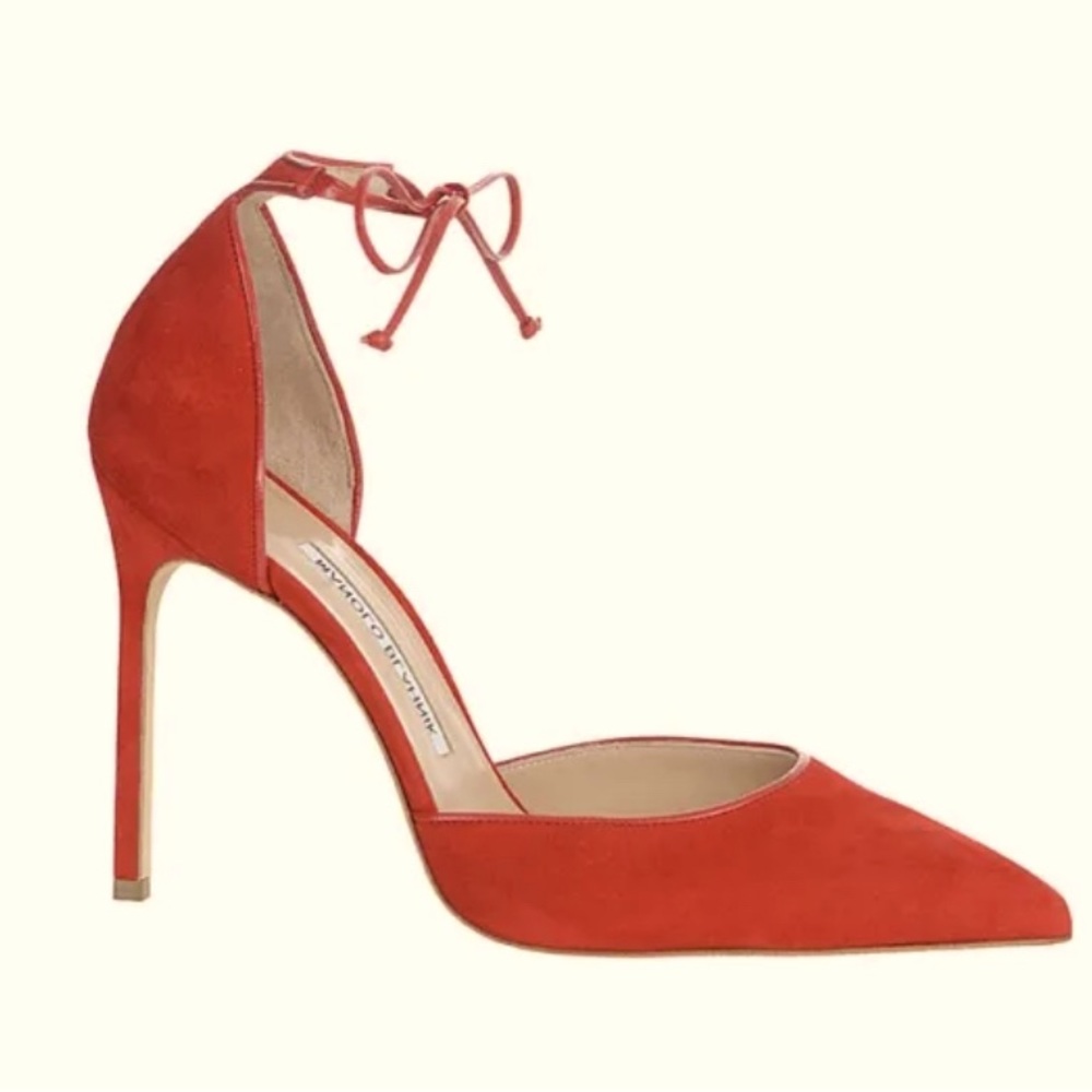 Manolo Blahnik Leyan Suede Ankle-Tie d’Orsay Pump, Red Strappy Heels 36 1/2